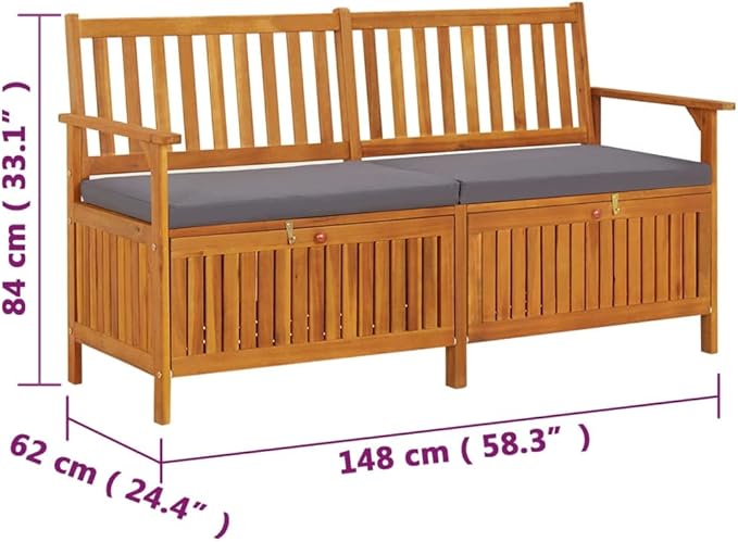 Storage Bench with Cushion 58.3" Solid Wood Acacia Garden Bench Deck Bench Outdoor Bench Porch Bench for patios, Gardens, Decks