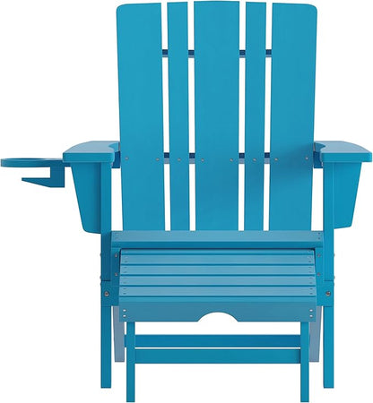 Flash Furniture Halifax Poly Resin Adirondack Chair with Cup Holder and Pull Out Ottoman, All-Weather Poly Resin Indoor/Outdoor Lounge Chair, Blue