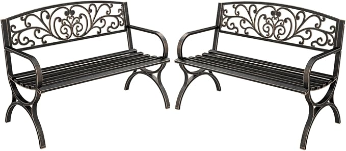 MFSTUDIO Outdoor Metal Bench Set of 2, 50 Inches Outdoor Garden Bench, Cast Iron Metal Frame Patio Park Bench with Floral Pattern Backrest, Arch Legs for Porch Lawn Yard, Bronze