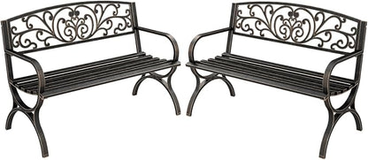 MFSTUDIO Outdoor Metal Bench Set of 2, 50 Inches Outdoor Garden Bench, Cast Iron Metal Frame Patio Park Bench with Floral Pattern Backrest, Arch Legs for Porch Lawn Yard, Bronze