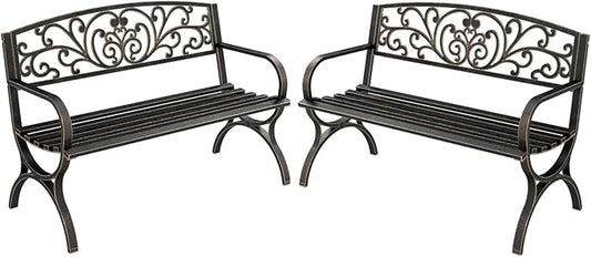 MFSTUDIO Outdoor Metal Bench Set of 2, 50 Inches Outdoor Garden Bench, Cast Iron Metal Frame Patio Park Bench with Floral Pattern Backrest, Arch Legs for Porch Lawn Yard, Bronze