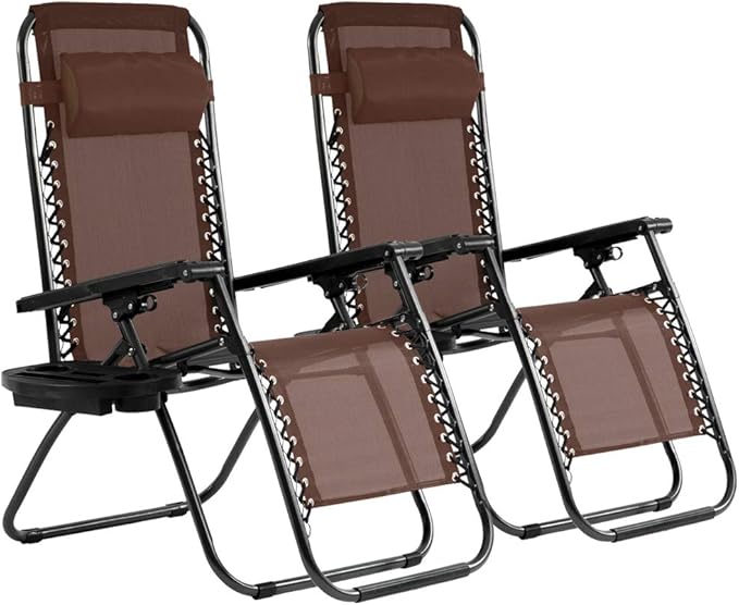 Dkeli Zero Gravity Chair Patio Chair Lounge Chair Chaise 2 Pack Outdoor Folding Adjustable Recliner Chair with Cup Holder Tray and Pillows for Patio, Pool, Beach, Lawn, Deck, Yard - Brown