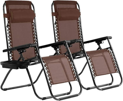 Dkeli Zero Gravity Chair Patio Chair Lounge Chair Chaise 2 Pack Outdoor Folding Adjustable Recliner Chair with Cup Holder Tray and Pillows for Patio, Pool, Beach, Lawn, Deck, Yard - Brown