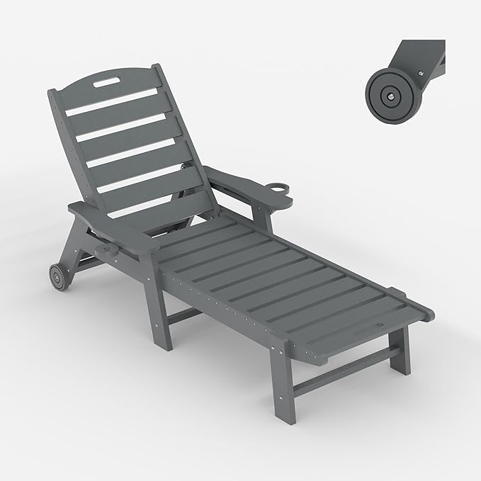 HDPE 5-Position Patio Lounge Chair for Outside, HDPE Chaise Lounge Outdoor with Cup Holder, Resin Pool Lounger Chair with Rolling Wheels