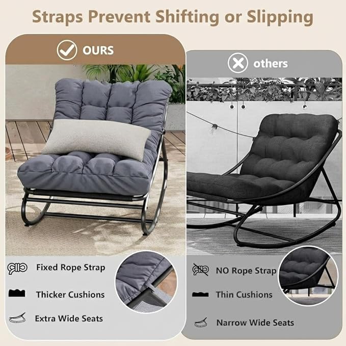 Outdoor Papasan Rocking Chair, Oversized Metal Frame Egg Rocker with Thick Waterproof Cushion, 450 lbs - Photo 4