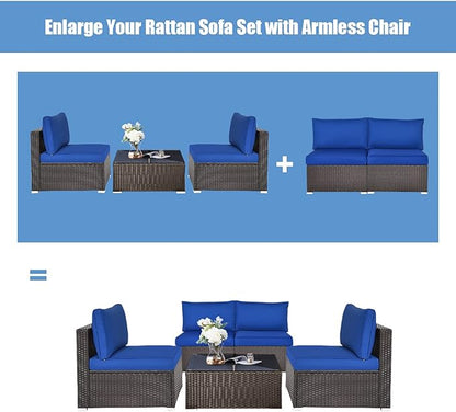 DORTALA 2 Piece Wicker Sectional Armless Chairs, Outdoor Rattan Sectional Sofa Set w/Cushions for Seat and Back, Additional Seats for Garden Balcony Patio Poolside, Navy