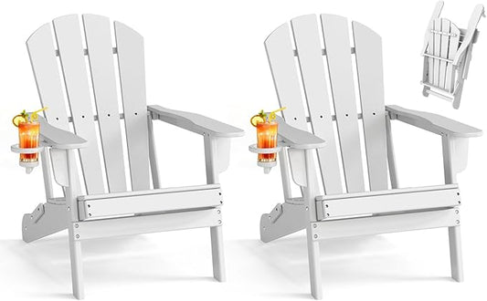 BRIOPAWS Folding-Adirondack-Chairs Set of 2 | HDPE Plastic | Fire Pit Chair | Cup Holder | Curved Back | All Weather| for Outdoor Backyard Deck Patio | White