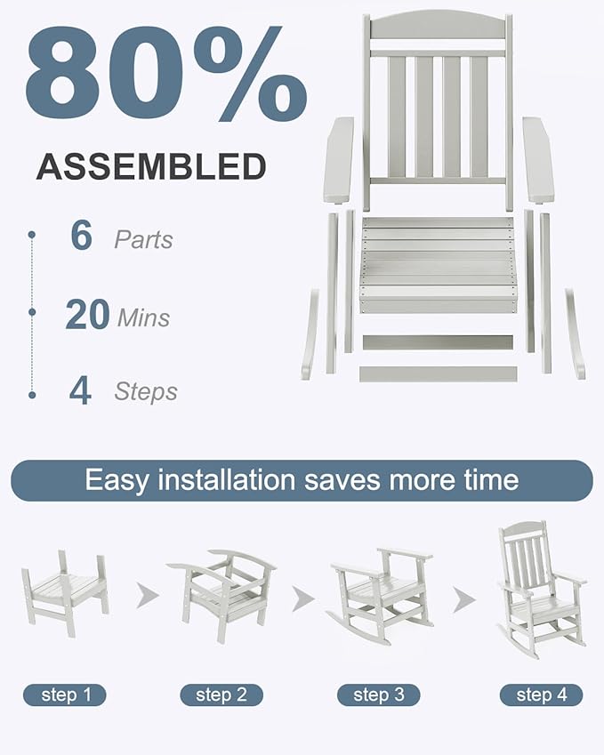 Outdoor Rocking Chairs Set of 4, Oversized High Back Patio Rocking Chairs, All Weather Porch Rocking Chairs for Outside. White