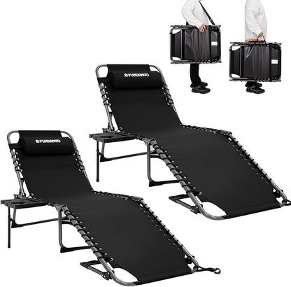 FUNDANGO Chaise Lounge Chair Outdoor, 5-Position Folding Tanning Chair with Detachable Side Table & Pillow, 180° Lay Flat Portable Beach, Heavy Duty U-Frame for Patio, Pool, Lawn, 265lbs（Black 2 pack）