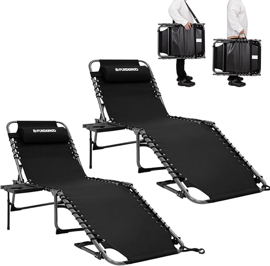 FUNDANGO Chaise Lounge Chair Outdoor, 5-Position Folding Tanning Chair with Detachable Side Table & Pillow, 180° Lay Flat Portable Beach, Heavy Duty U-Frame for Patio, Pool, Lawn, 265lbs（Black 2 pack）