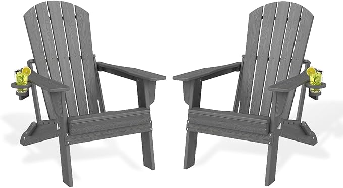 Folding Adirondack Chair Set of 2, HDPE Outdoor Patio Chair with Cup Holder, All Weather Plastic Lawn Chair with Wide Armrests, Portable Patio Chair for Backyard Deck Garden Fire Pit Poolside, Grey