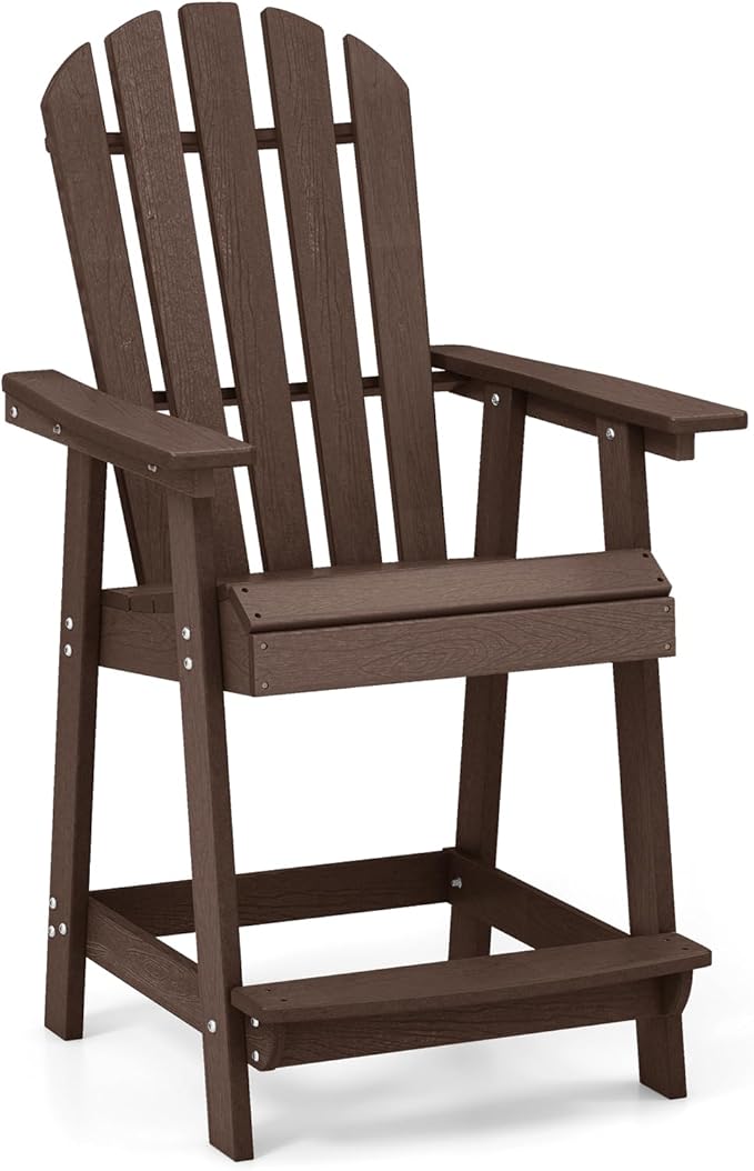 Tangkula Outdoor Bar Stool, HDPE Tall Adirondack Chair with Armrest & Footrest, Weather Resistant 47 Inch Counter Height Barstool Lifeguard Chair for Pool Deck Patio Garden, Balcony Chairs (1, Brown)