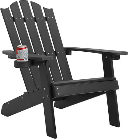 Melucivi Adirondack Chair Weather Resistant with Cup Holder, Fire Pit Chair Patio Outdoor Garden Resin Adirondack Chair for Adult, Black