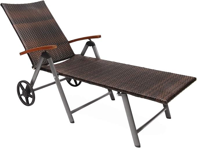Tangkula Wicker Chaise Folding Back Adjustable Aluminum Rattan Lounger Recliner Chair W/Wheels (Mix Brown) - Photo 3