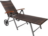 Tangkula Wicker Chaise Folding Back Adjustable Aluminum Rattan Lounger Recliner Chair W/Wheels (Mix Brown) - Photo 3