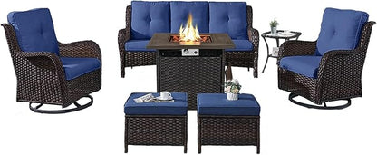 Belord Patio Furniture Set with Fire Pit Table,7 Piece Wicker Outdoor Furniture Set, Swivel Rocker Chairs with Ottomans and Sofa, All Weather Patio Conversation Set, for Pool,Yard,Brown Wicker/Blue