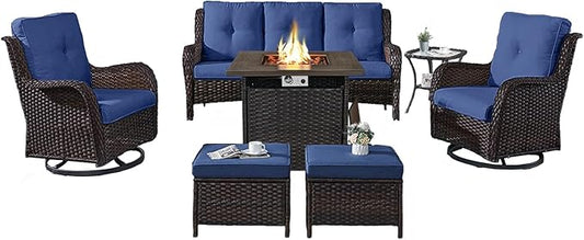 Belord Patio Furniture Set with Fire Pit Table,7 Piece Wicker Outdoor Furniture Set, Swivel Rocker Chairs with Ottomans and Sofa, All Weather Patio Conversation Set, for Pool,Yard,Brown Wicker/Blue