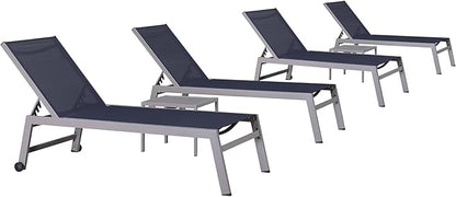 PURPLE LEAF 6-Piece Outdoor Chaise Lounge Oversized Pool Lounge Chairs with Easy-to-Move Wheels and Adjustable Backrest Extra Large Patio Loungers for Poolside Deck Beach Table Included, Navy Blue
