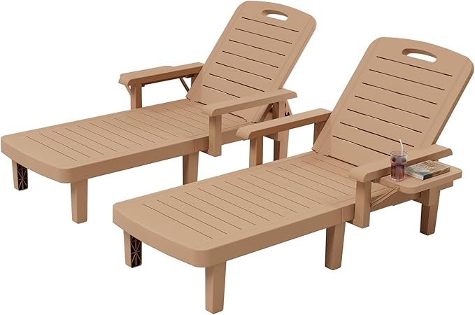 UDPATIO Outdoor Lounge Chair Set of 2 with Arms, Resin Reclining Patio Chaise with Side Table - 5-Position Adjustable Sunbed, Waterproof Pool & Beach Reclining Chair