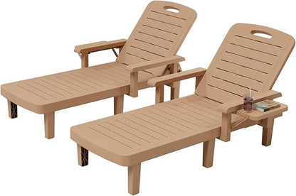 UDPATIO Outdoor Lounge Chair Set of 2 with Arms, Resin Reclining Patio Chaise with Side Table - 5-Position Adjustable Sunbed, Waterproof Pool & Beach Reclining Chair
