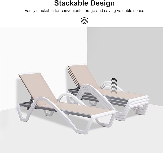 PURPLE LEAF Patio Chaise Lounge Chair Set Outside Aluminum Plastic Stackable Tanning Chairs with Armrests and Side Table for Pool Sunbathing Beach Deck Outdoor Lounger, Khaki