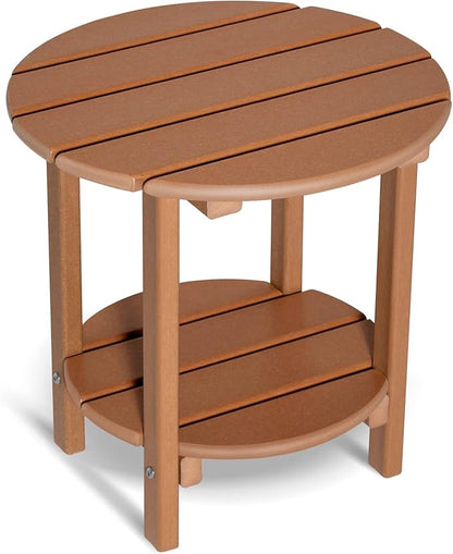 Round Adirondack Outdoor Side Table, 17.7" Small Patio End Table, 2-Tier HDPE Plastic Table for Poolside Porch Garden, Weather Resistant & Easy Assembly (Teak)