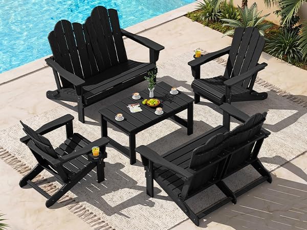 SERWALL 5 Pieces HDPE Patio Adirondack Chair Set, 2 Adirondack Chair with Cup Holder & 2 Adirondack Bench & 1 Coffee Table with Umbrella Hole, Black