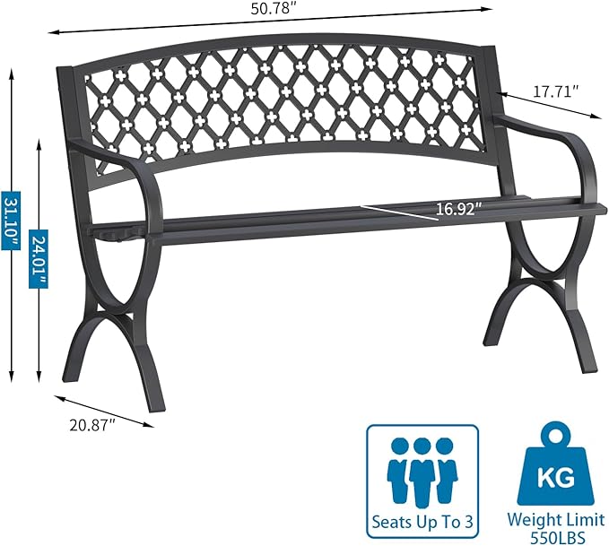On Shine 50'' Patio Garden Bench, Loveseats Patio Park Bench, Black Steel Cast Iron Frame Bench - Photo 3