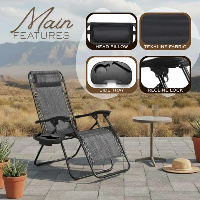 2-Pack Adjustable Zero Gravity Lounge Chair with Steel Mesh Fabric: Reclining Lawn Chair Featuring Comfort Pillow - Photo 5