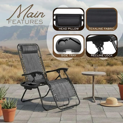 2-Pack Adjustable Zero Gravity Lounge Chair with Steel Mesh Fabric: Reclining Lawn Chair Featuring Comfort Pillow, Cup Holder Tray, and Customizable Recline Positions