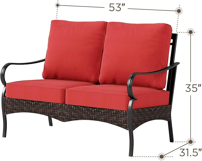 PHI VILLA Wicker & Metal Outdoor 2-Seat Patio Couch, Patio Sofa Loveseat with Deep Seating for Front Porch, Deck - Photo 7