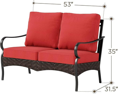 PHI VILLA Wicker & Metal Outdoor 2-Seat Patio Couch,Patio Sofa Loveseat with Deep Seating for Front Porch, Deck, Balcony, Backyard, Sunroom,Red