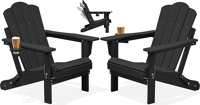 KINGYES Adjustable Folding Adirondack Chair Set of 2, 3-Position Reclining Adirondack Chairs with Cup Holder, HDPE All-Weather Oversized Adirondack for Outdoor, Patio, Backyard Deck, Fire Pit, Black