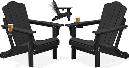 KINGYES Adjustable Folding Adirondack Chair Set of 2, 3-Position Reclining Adirondack Chairs with Cup Holder, HDPE All-Weather Oversized Adirondack for Outdoor, Patio, Backyard Deck, Fire Pit, Black