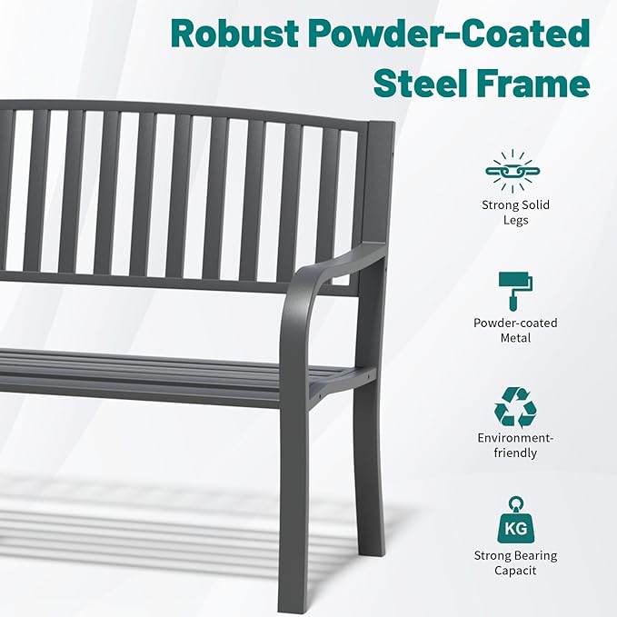 Metal Bench Patio Bench, Outdoor Benches Weatherproof with Slat Backrest, Wrought Iron Garden Benches for Outdoors, Patio, Garden, Park