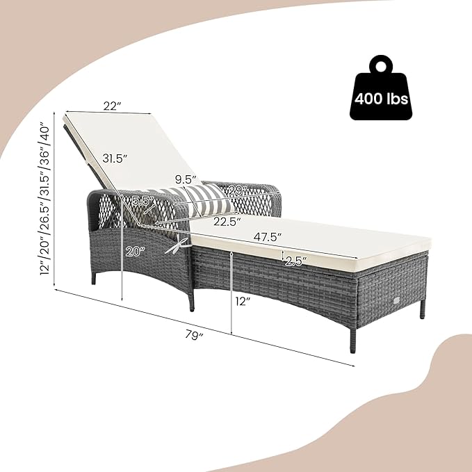 Tangkula Wicker Chaise Lounge Outdoor, Patio Rattan Reclining Chaise with 6-Gear Adjustable Backrest - Photo 3