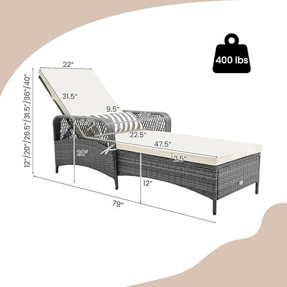 Tangkula Wicker Chaise Lounge Outdoor Set of 2, Patio Rattan Reclining Chaise with 6-Gear Adjustable Backrest, Thick Padded Cushion & Removable Lumbar Pillow, Pool Lounge Chairs for Outside Balcony