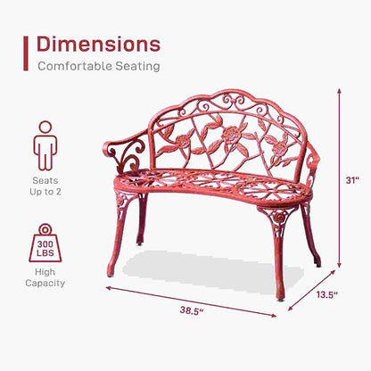 38.5” Outdoor Porch Bench with Hollow Rose Design,Elegant Garden Bench Park Bench for Backyard,Iron Bench with Arms (red)