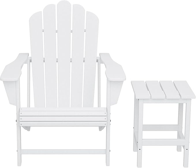 Costaelm Lakeview Outdoor Patio HDPE Adirondack Chair with Cup Holder and Table Set, White