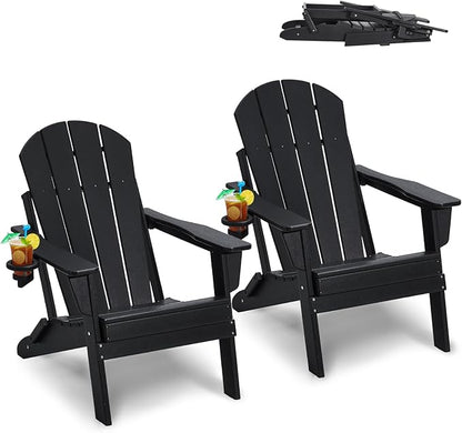 VEVOR Folding Adirondack Chairs Set of 2 with Cup Holder, All-Weather Portable Plastic Fire Pit Chair, Outdoor Adirondack Patio Chair, with Relaxing Arm Rest Ergonomic, for Garden, Backyard, Black