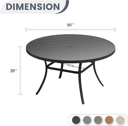VICLLAX 50" Outdoor Round Patio Dining Table for 4-6, All Weather Metal Dining Table with Umbrella Hole for Deck Lawn Garden Backyard, Black
