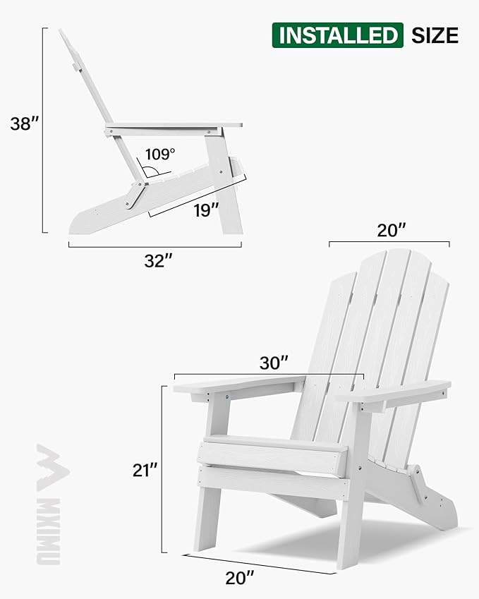 MXIMU Folding Adirondack Chair for Outdoor: Easy to Assemble and Comfortable Adirondack Chairs Set of 8 - All Weather Composite Plastic Chair for Outside Fire Pit Patio Lawn Garden Backyard Use(White)