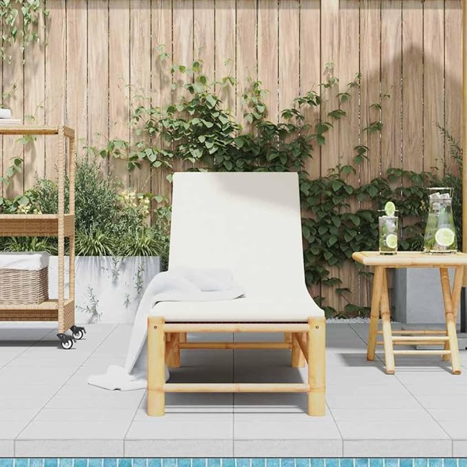 Bamboo Sun Lounger Cream 78" Outdoor Chaise Lounge Adjustable Backrest Patio Recliner with Cushion for Poolside Garden - Photo 3