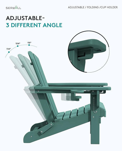 SERWALL Folding Adirondack Chair Set of 2, Adjustable Adirondack Chair with 3 Recline Positions, All Weather HDPE Outdoor Adirondack with Cup Holders, Light Green