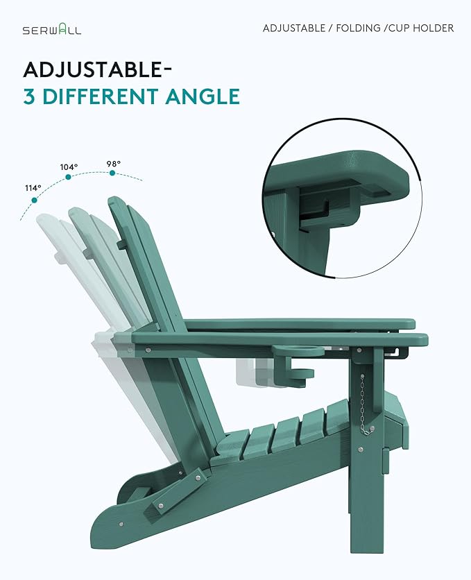 SERWALL Folding Adirondack Chair Set of 4, Adjustable Adirondack Chair with 3 Recline Positions, All Weather HDPE Outdoor Adirondack with Cup Holders, Light Green