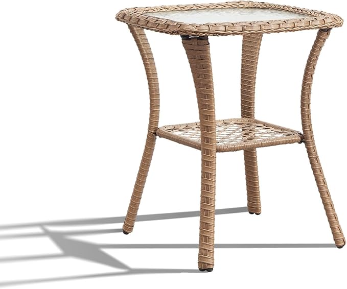 Patio Wicker Side Table, Outdoor PE Rattan End Table with 5mm Tempered Glass Top and 2-Tier Storage Shelf, 20" Square Coffee Table for Deck Porch Garden Backyard-Yellow Wicker