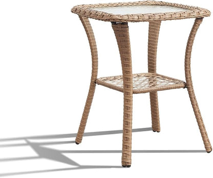 Patio Wicker Side Table, Outdoor PE Rattan End Table with 5mm Tempered Glass Top and 2-Tier Storage Shelf, 20" Square Coffee Table for Deck Porch Garden Backyard-Yellow Wicker