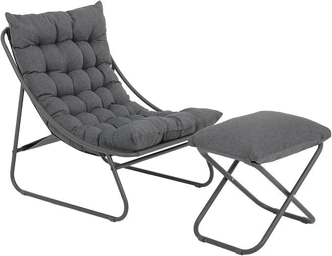 Patio Lounge Chair with Ottoman, Indoor Outdoor Comfy Sling Recliner Chair with Cushion - Photo 7