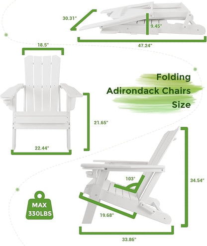 Adirondack Chair Oversized Folding Adirondack Chairs Recyclable HDPE Modern Adirondack Chair with Cup Holder Poly Lumber Patio Chairs for Pool Patio Garden Outdoors Fire Pit White