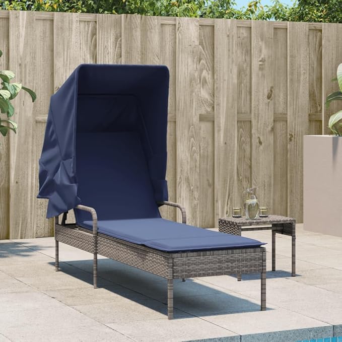 Gray Poly Rattan Sun Lounger with Canopy and Table, Adjustable Armrests, UV-Resistant Materials, Retractable Canopy - Photo 1